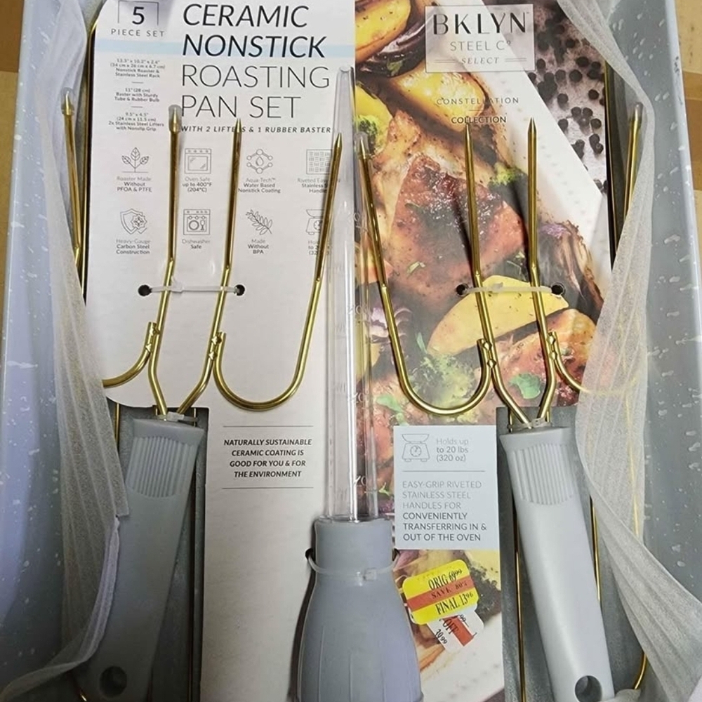 BKLYN Steel Roasting Pan Set with Gold Utensils NEW SHELFPULL CONDITION